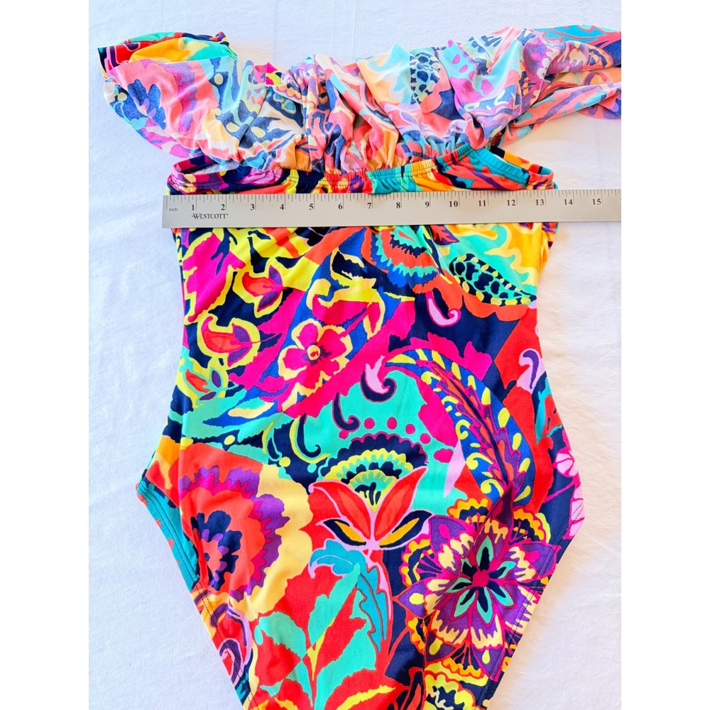 Tahari Womens Floral Paisley Ruffle Off‎ The Shoulder One Piece Swimsuit Large - Picture 2 of 7